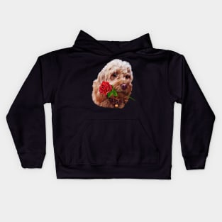 Cavapoo cavoodle with red rose - Cavapoo puppy dog  - cavalier king charles spaniel poodle, dog Valentine’s day Kids Hoodie